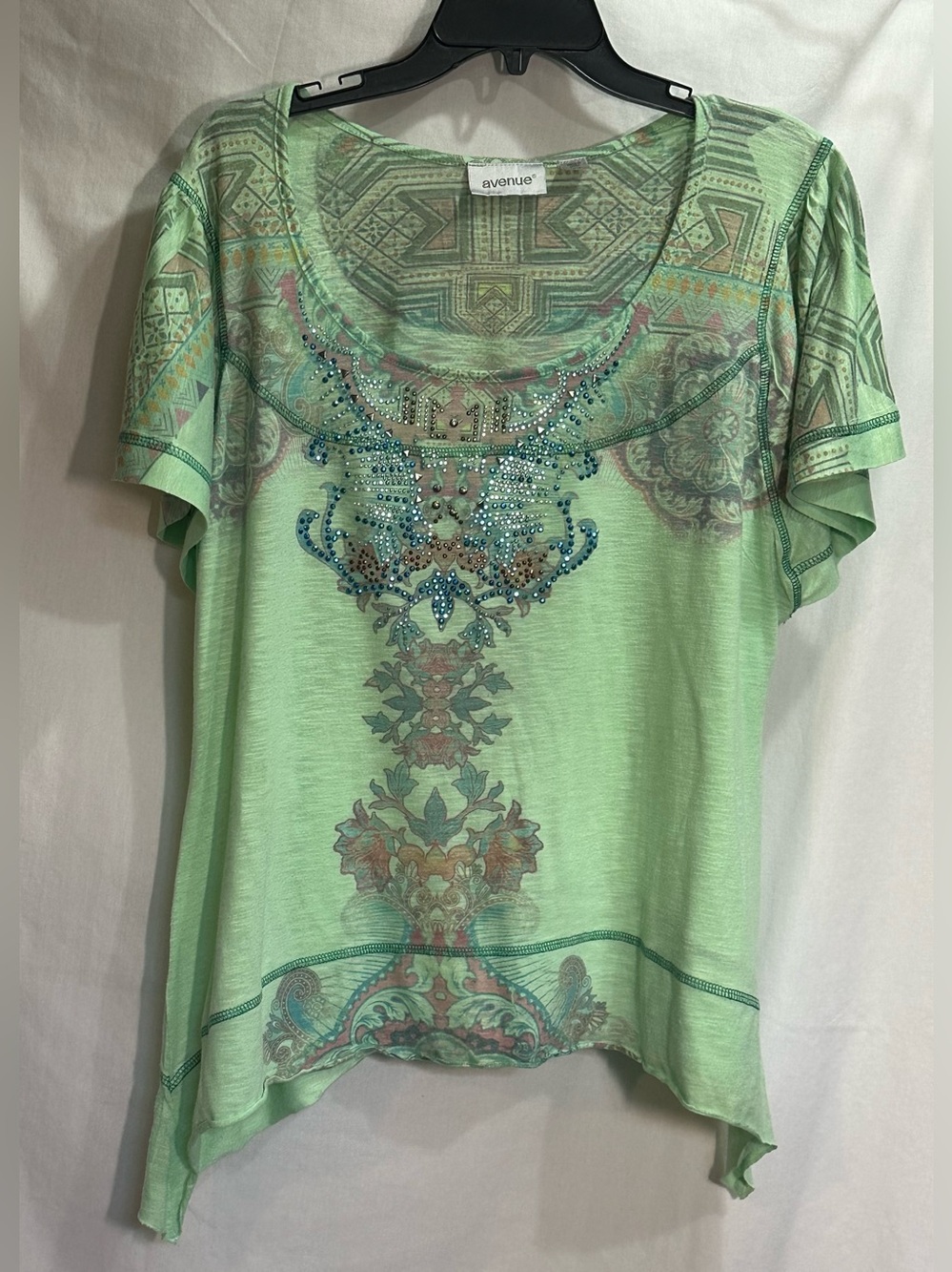 Avenue Mint Green Beaded Short Sleeve Scoop Neck Top